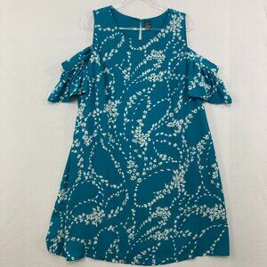 City Strats Floral Blue Cold Shoulder Ruffle Sleeve Romantic Shift Dress Sz 20W